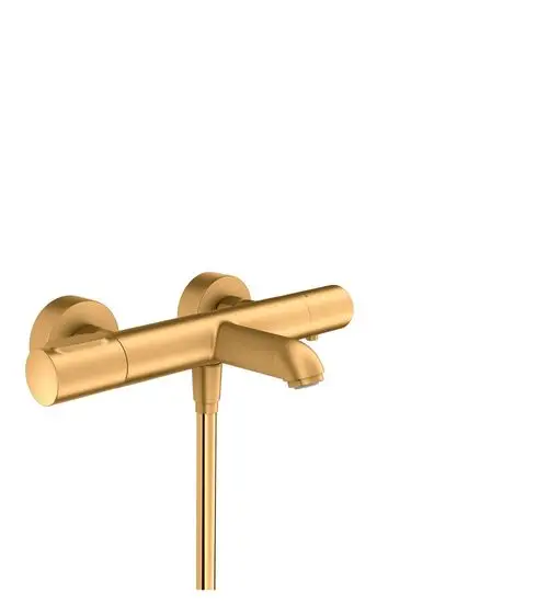 Aufputz-Wannenthermostat in Brushed Gold Optik von AXOR. Das Produkt zeigt eine klare, minimalistische Form mit zwei Bedienelementen und einem Auslauf.